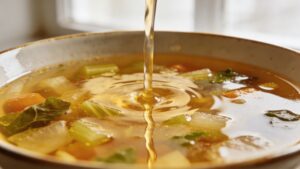 A steaming bowl of golden zero-waste vegetable scrap broth with fresh herbs, ready to be served.