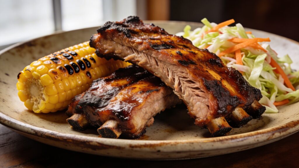 Home A complete spread of classic American backyard BBQ dishes including ribs, corn, coleslaw, and baked beans, laid out on a picnic table.