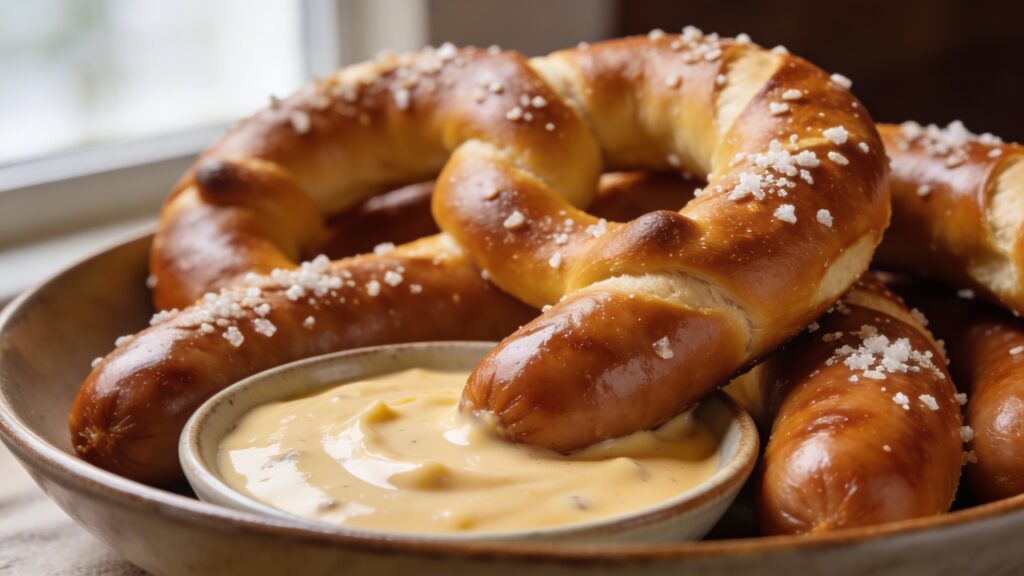 Several golden-brown homemade pretzel dogs with coarse salt, served on a platter with a side of rich beer cheese dipping sauce.