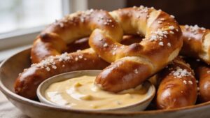 Several golden-brown homemade pretzel dogs with coarse salt, served on a platter with a side of rich beer cheese dipping sauce.