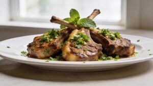 Perfectly seared lamb chops with vibrant green mint gremolata drizzled over, presented on a plate.