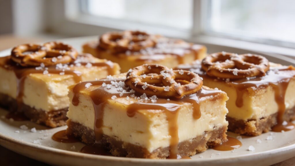 A close-up shot of a single serving of Pretzel Caramel Cheesecake Bars on a white plate, showcasing the distinct layers of pretzel crust, creamy cheesecake, and glossy salted caramel topping.