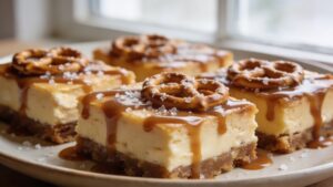 A close-up shot of a single serving of Pretzel Caramel Cheesecake Bars on a white plate, showcasing the distinct layers of pretzel crust, creamy cheesecake, and glossy salted caramel topping.