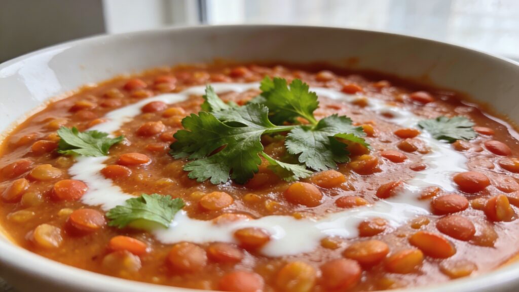 Close-up of a vibrant bowl of red lentil dal garnished with fresh cilantro.