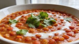 Close-up of a vibrant bowl of red lentil dal garnished with fresh cilantro.