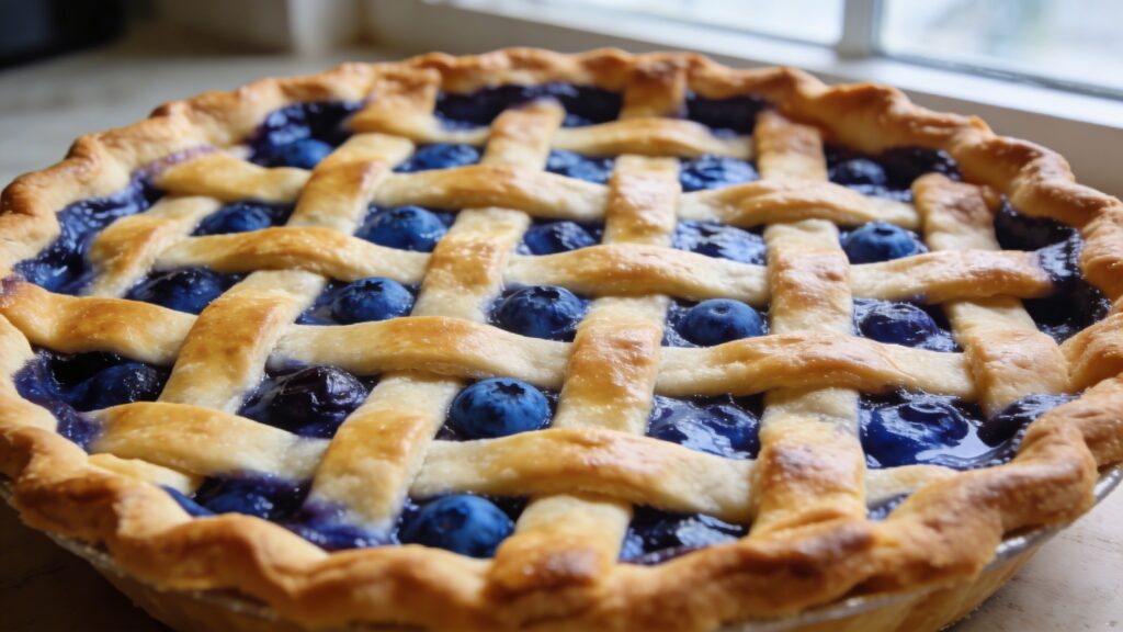 A whole Perfect Blueberry Pie with a golden-brown lattice crust on a cooling rack, showcasing its flaky texture and the delicious filling peeking through.