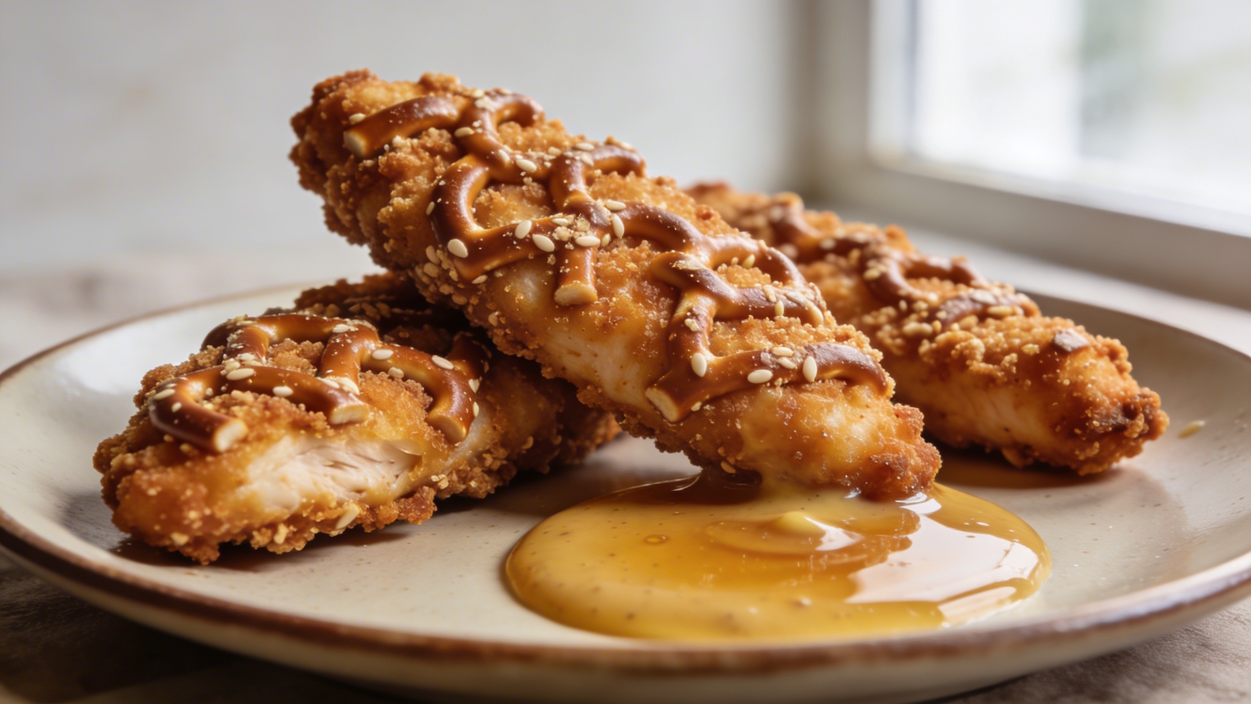 A plate filled with golden-brown, crunchy pretzel-crusted chicken tenders, garnished with fresh parsley, served alongside a small bowl of honey mustard dipping sauce.