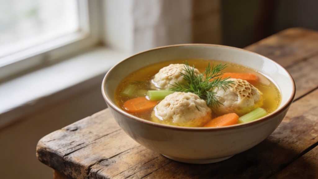 A steaming bowl of traditional Passover Matzo Ball Soup with light, fluffy matzo balls, golden chicken broth, and fresh herbs.