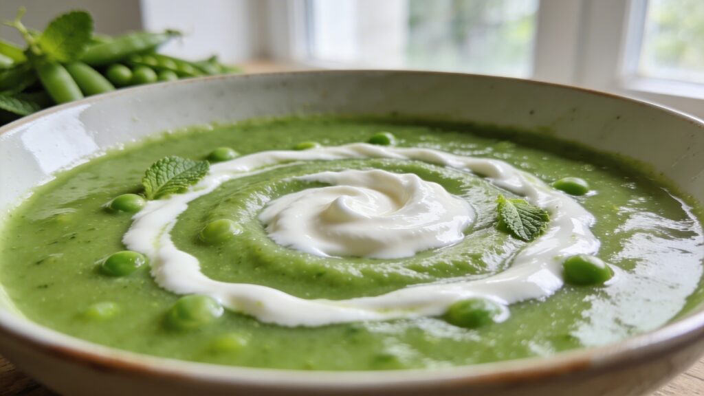 Vibrant green spring pea and mint soup in a white bowl, garnished with a swirl of crème fraîche and fresh mint leaves.