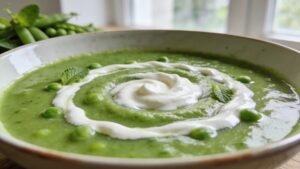 Vibrant green spring pea and mint soup in a white bowl, garnished with a swirl of crème fraîche and fresh mint leaves.