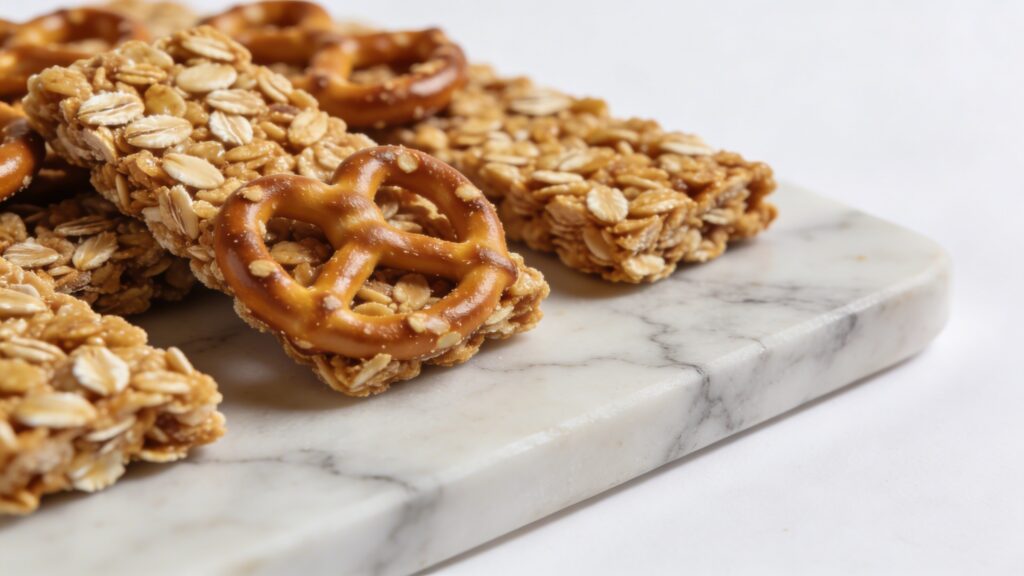 A close-up shot of several homemade high-protein pretzel granola bars stacked, showing their chewy texture, visible oats, pretzel pieces, and chocolate chips.
