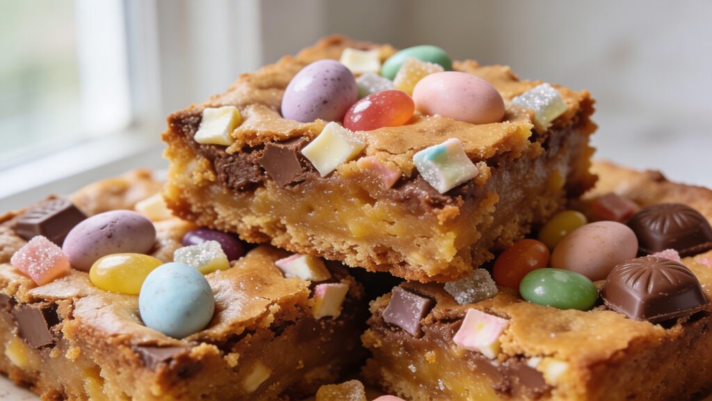A close-up of golden brown blondies filled with colorful chopped Easter candy, including Reese's eggs, Kit Kats, and Cadbury bits, baked to perfection.