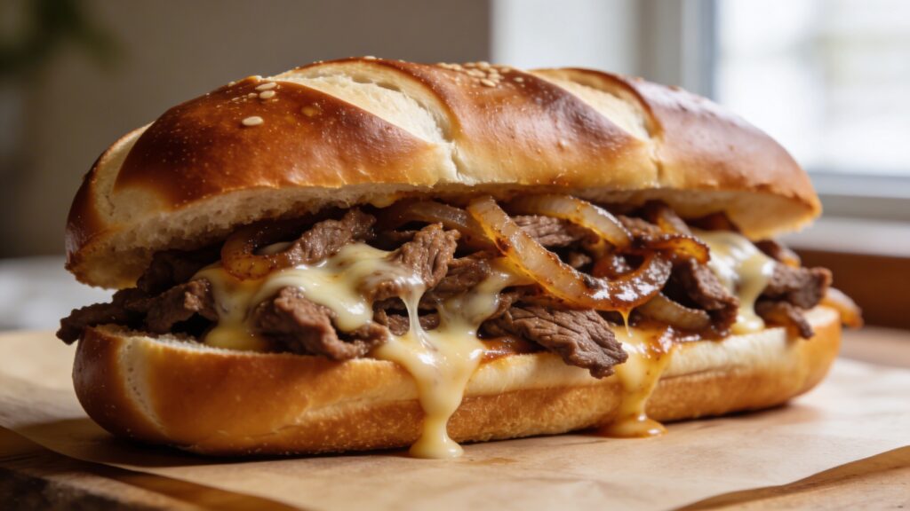 Close-up of a delicious Philly Soft Pretzel Roll Cheesesteak Sandwich overflowing with steak, onions, peppers, and melted provolone cheese.