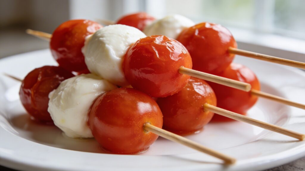 Platter of vibrant Caprese skewers with cherry tomatoes, mozzarella, and basil, drizzled with balsamic glaze, ready to serve.