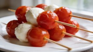 Platter of vibrant Caprese skewers with cherry tomatoes, mozzarella, and basil, drizzled with balsamic glaze, ready to serve.