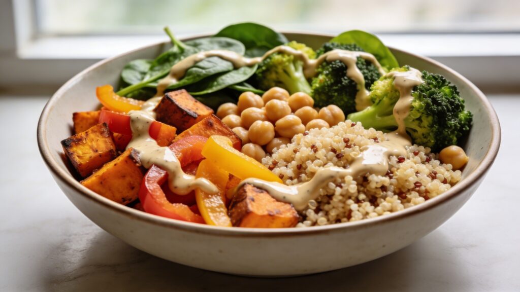 A vibrant and healthy plant-based Buddha bowl, beautifully arranged with colorful fresh vegetables, grains, and plant-based protein, presented on a light background.