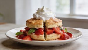 Close-up of a homemade strawberry basil shortcake with flaky biscuits, fresh strawberries, and whipped cream, garnished with basil leaves.