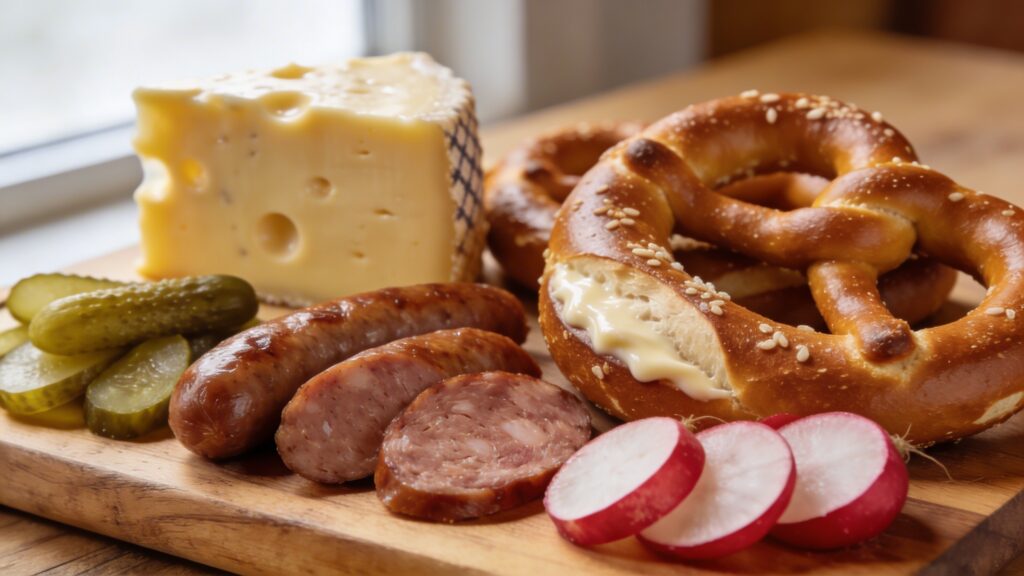 Overhead shot of a completed easy Bavarian pretzel charcuterie board with soft pretzels, beer cheese, mustard, sausages, pickles, and radishes.
