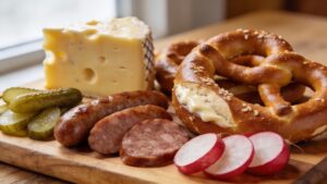 Overhead shot of a completed easy Bavarian pretzel charcuterie board with soft pretzels, beer cheese, mustard, sausages, pickles, and radishes.