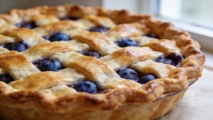 A perfectly baked, golden brown classic double-crust blueberry pie, whole and glistening with blueberry filling peeking through, resting on a cooling rack.