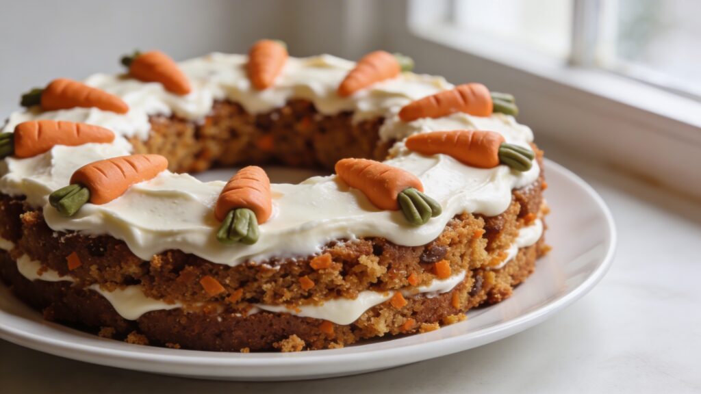 A beautifully decorated carrot cake wreath with cream cheese frosting, marzipan carrots, and edible flowers, perfect for Easter.