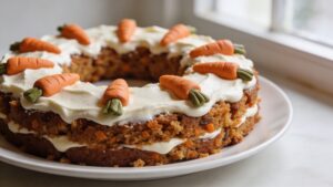 A beautifully decorated carrot cake wreath with cream cheese frosting, marzipan carrots, and edible flowers, perfect for Easter.