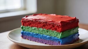 Full view of natural plant-colored Earth Day layer cake with red beet, green matcha, and blue butterfly pea flower layers