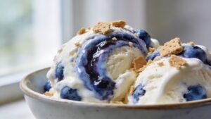 Scooped Easy No-Churn Blueberry Cheesecake Ice Cream in a bowl, showing blueberry swirls and graham crackers.