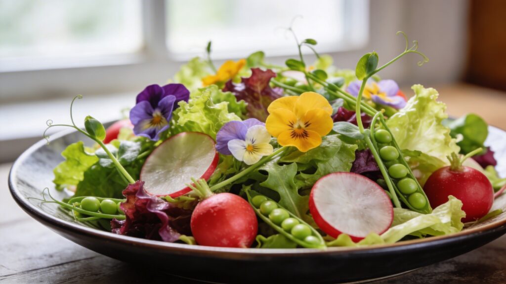 Vibrant seasonal spring salad with various fresh local greens, radishes, and edible flowers on a white plate