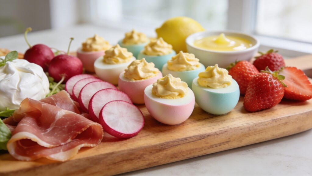 A vibrant Easter charcuterie board filled with pastel deviled eggs, fresh radishes, thinly sliced prosciutto, creamy burrata, ripe strawberries, and mini croissants with lemon curd.