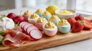 A vibrant Easter charcuterie board filled with pastel deviled eggs, fresh radishes, thinly sliced prosciutto, creamy burrata, ripe strawberries, and mini croissants with lemon curd.