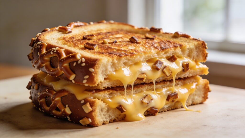 Close-up of a golden-brown pretzel-crusted grilled cheese sandwich cut in half, revealing melted cheese and crunchy exterior.