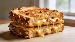 Close-up of a golden-brown pretzel-crusted grilled cheese sandwich cut in half, revealing melted cheese and crunchy exterior.