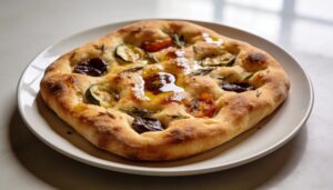 Freshly baked fougasse flatbread on a wooden cutting board, showcasing its characteristic leaf shape and golden-brown crust.