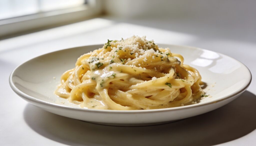 Close-up of a bowl of 15-minute buttery garlic parmesan pasta, garnished with fresh parsley.