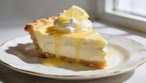 Close-up of a slice of easy creamy lemon pie with whipped cream and lemon zest