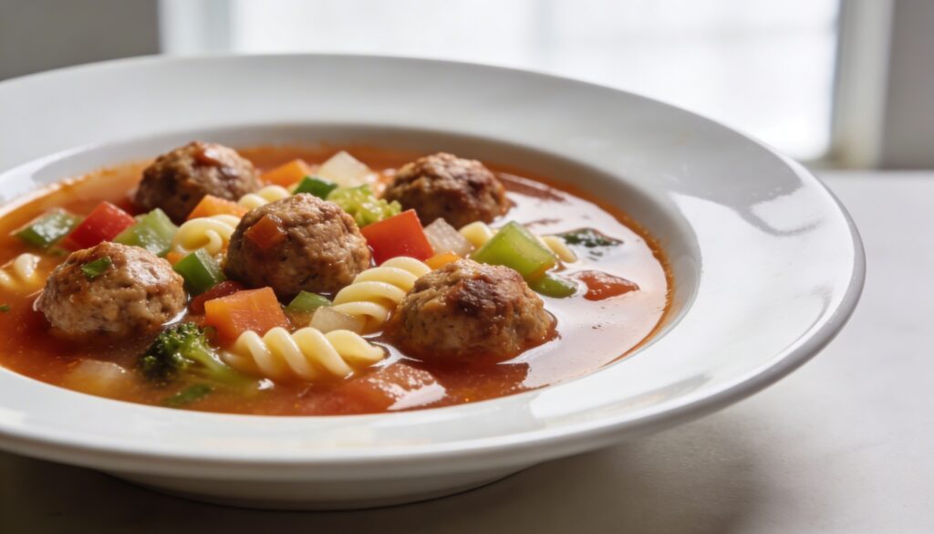 Hearty mini meatball minestrone soup with pasta, tomatoes, and vegetables in a bowl