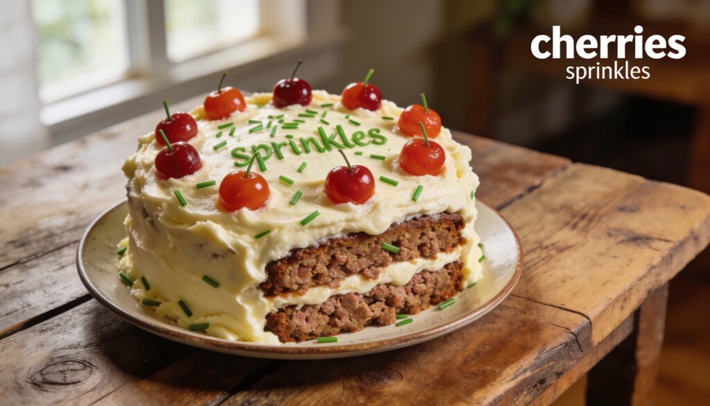 Sourdough-infused meatloaf shaped like a festive birthday cake, frosted with creamy mashed potatoes and decorated with savory garnishes, ready to surprise diners.