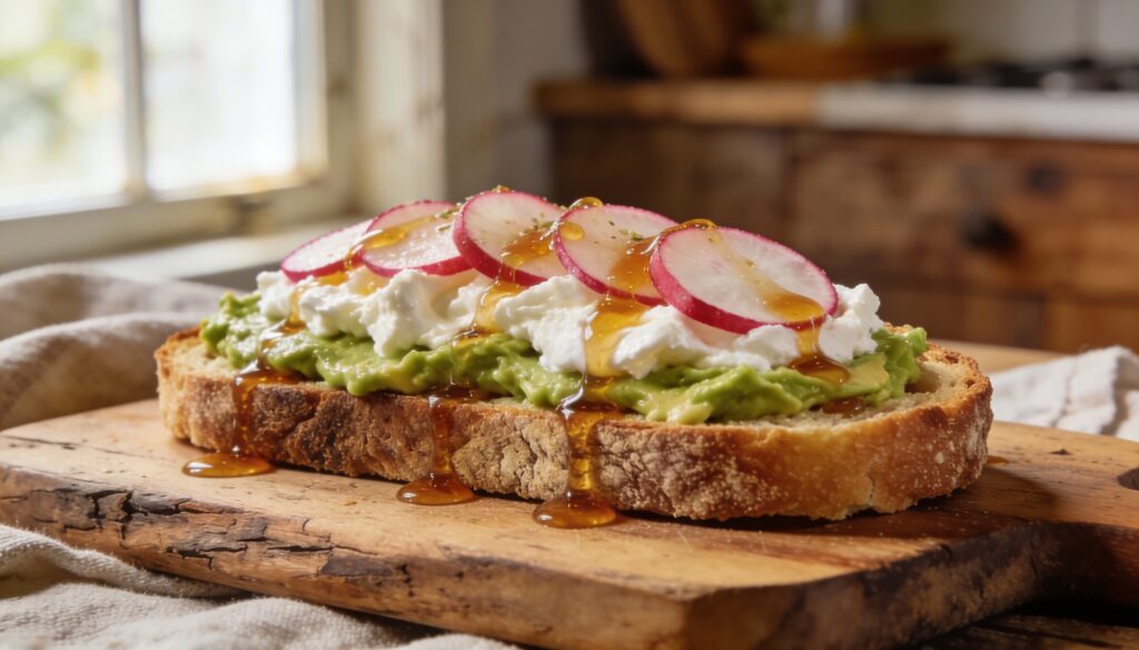Close-up of a thick slice of toasted sourdough bread topped with creamy mashed avocado, crumbled feta cheese, thin radish slices, and a drizzle of golden hot honey, garnished with fresh herbs, ready to eat.