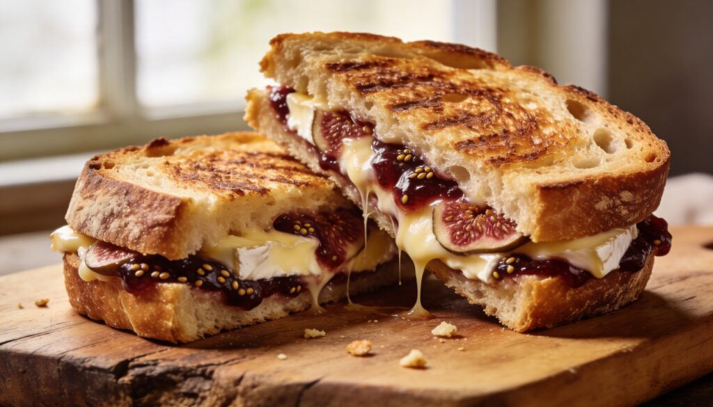 Close-up of a golden brown gourmet sourdough grilled cheese sandwich, oozing with melted brie, fig jam, and a drizzle of honey, served on a plate.