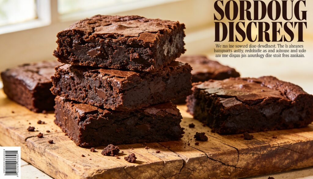 Close-up of rich, fudgy chocolate sourdough discard brownies with a crackled top