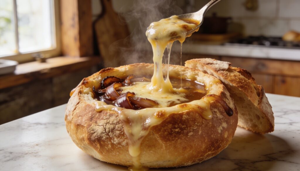 A rustic sourdough bread bowl filled with rich, bubbly French onion soup and topped with melted Gruyère cheese, garnished with fresh thyme.