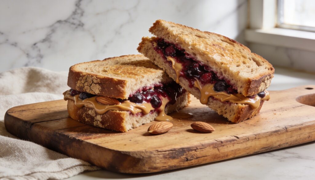 Two halves of an elevated PB&J sandwich featuring creamy almond butter and vibrant berry compote on toasted artisan bread, garnished with fresh berries.