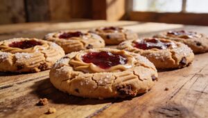Close-up of freshly baked Peanut Butter & Jelly Thumbprint Cookies with vibrant jam centers on a cooling rack