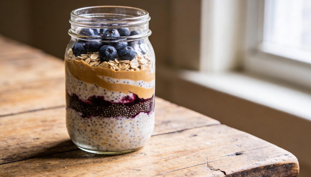 Creamy PB&J Overnight Oats layered in a glass jar, ready for a high-protein breakfast with peanut butter and blueberry jam.