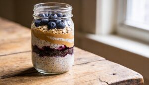 Creamy PB&J Overnight Oats layered in a glass jar, ready for a high-protein breakfast with peanut butter and blueberry jam.