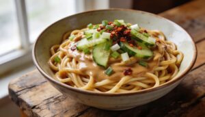 A vibrant bowl of creamy peanut butter noodles topped with fresh cucumber, chopped scallions, and a drizzle of chili crisp, ready to eat.