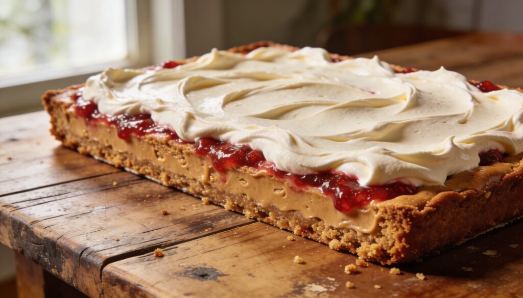 A rectangular sheet cake frosted with pink strawberry jam buttercream, garnished with fresh berries and a drizzle of peanut butter, sliced and ready to serve on a white platter.