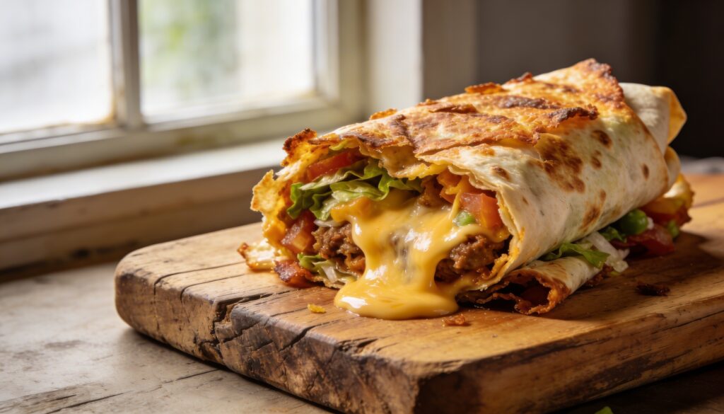 Home A perfectly golden-brown, crispy smash burrito, cut in half to reveal melted cheese, seasoned beef, rice, beans, and fresh salsa filling, served on a rustic plate.