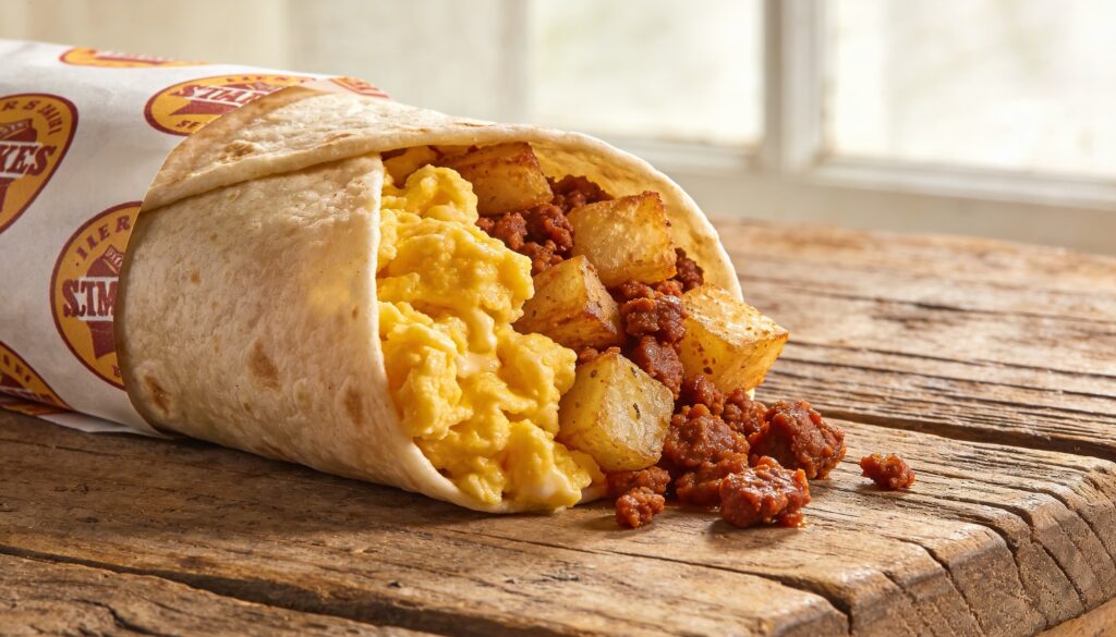 A delicious spread for a Breakfast Burrito Bar, featuring assembled burritos wrapped for freezing, alongside fresh ingredients like scrambled eggs, crispy potatoes, and salsa.